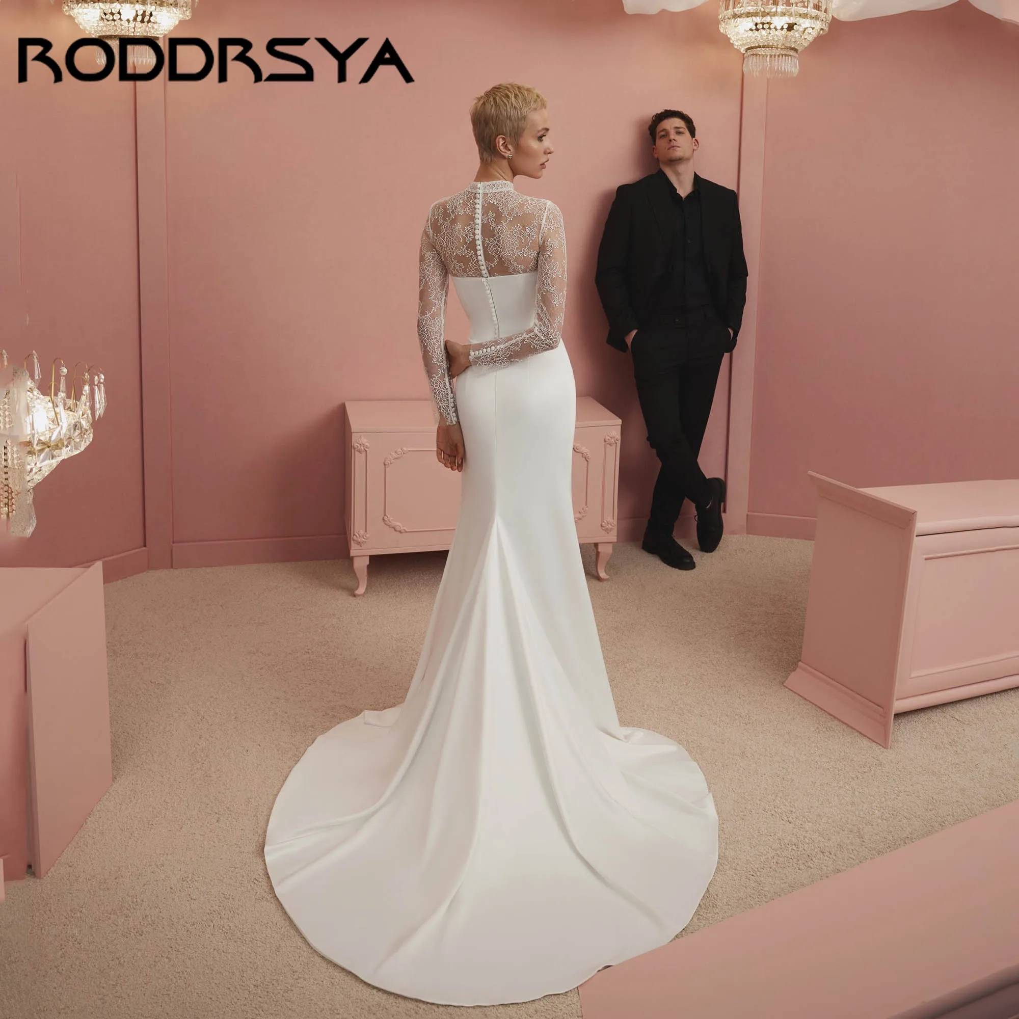 

RODDRSYA High Neck Satin Lace Wedding Dresses Long Sleeves Mermaid Slit Bridal Gowns Illusion Back vestidos de novia Customized