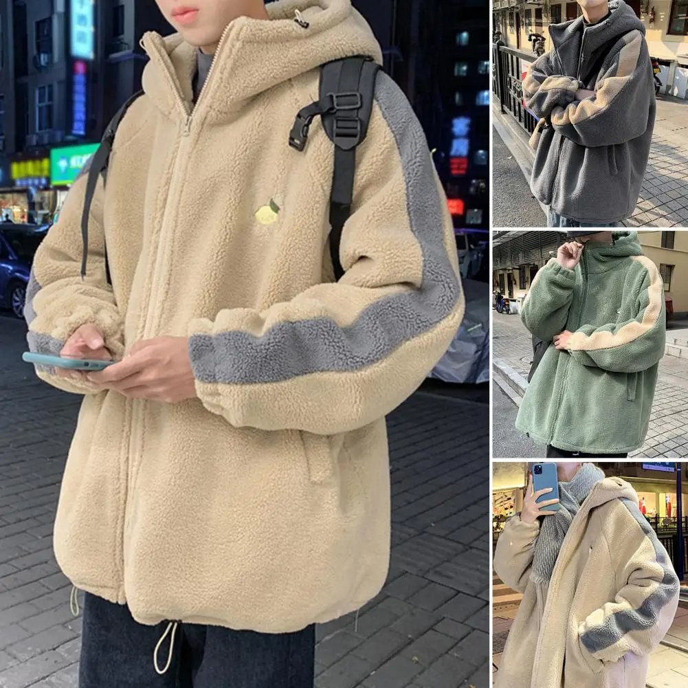 Students Winter Jacket Men Polyester Jacket Winter Warm Men\'s Hooded Jacket with Faux Sherpa Drawstring Hem for Students