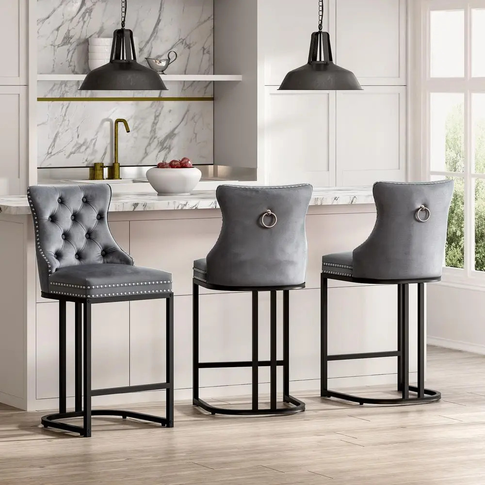 

Counter Height Bar Stools Set of 3, 26 Modern Barstools with Back, Velvet Upholstery Counter Chairs with Metal Legs for Kitchen