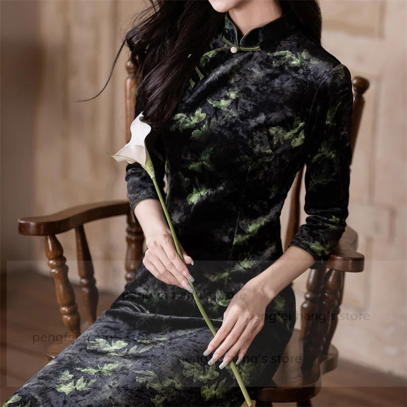 

Women Elegant Velour Chesongam Sexy Print Qipao Warm Party Banquet Vestidos Robe Long New Chinese Style Dress Hanfu Costume