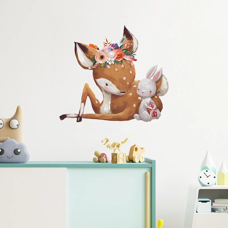 Cartoon Sika Deer Bunny Wall Sticker For Kids Room Decor Mural Bedroom Living Room Home Decoration