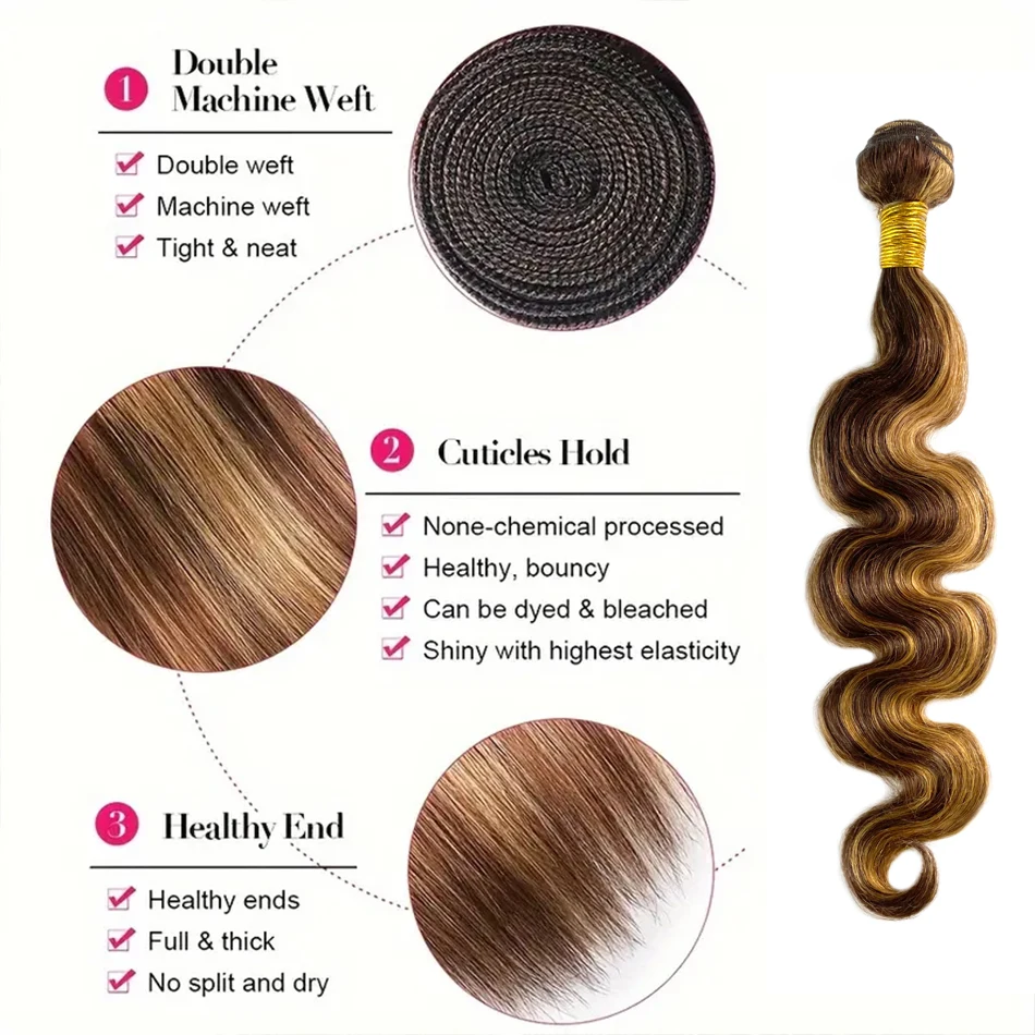 Honey Blonde Highlight Body Wave 3 Bundles P4/27 Ombre Single Bundles Brazilian 100% Human Hair Highlight Brown Color 3 Bundles