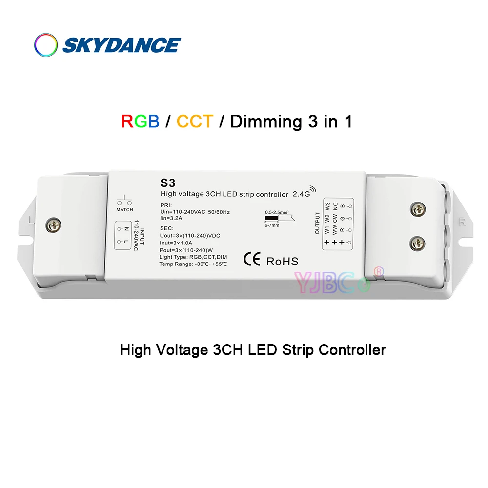 

Skydance S3 RGB/CCT/Dimming 3 in 1 High Voltage LED Controller 110V-220V AC 3 CH 2.4G RF Push Dim single color LED Dimmer