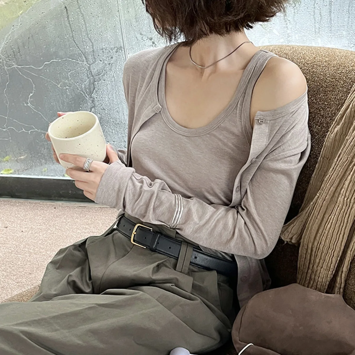 IG Women 2 Piece Outfit Racerback Ruched Tank Top Button Down Cropped Long Sleeve Cardigan Casual Matching Set view 4