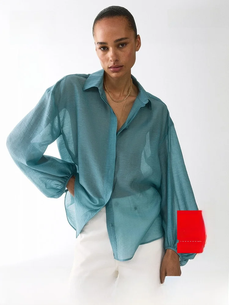 

H&M Women's Shirt 2026 Summer New Long Sleeve Loomed Fabric Linen Blend Top Casual Style Button Detail Fit Design