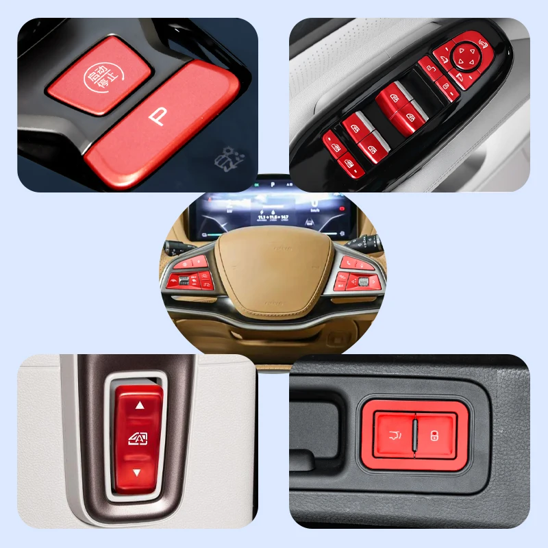For Denza D9 Car Interior One-Touch Start Ignition Parking Brake P-Gear Window Lift Steering Wheel Button Protective Stickers