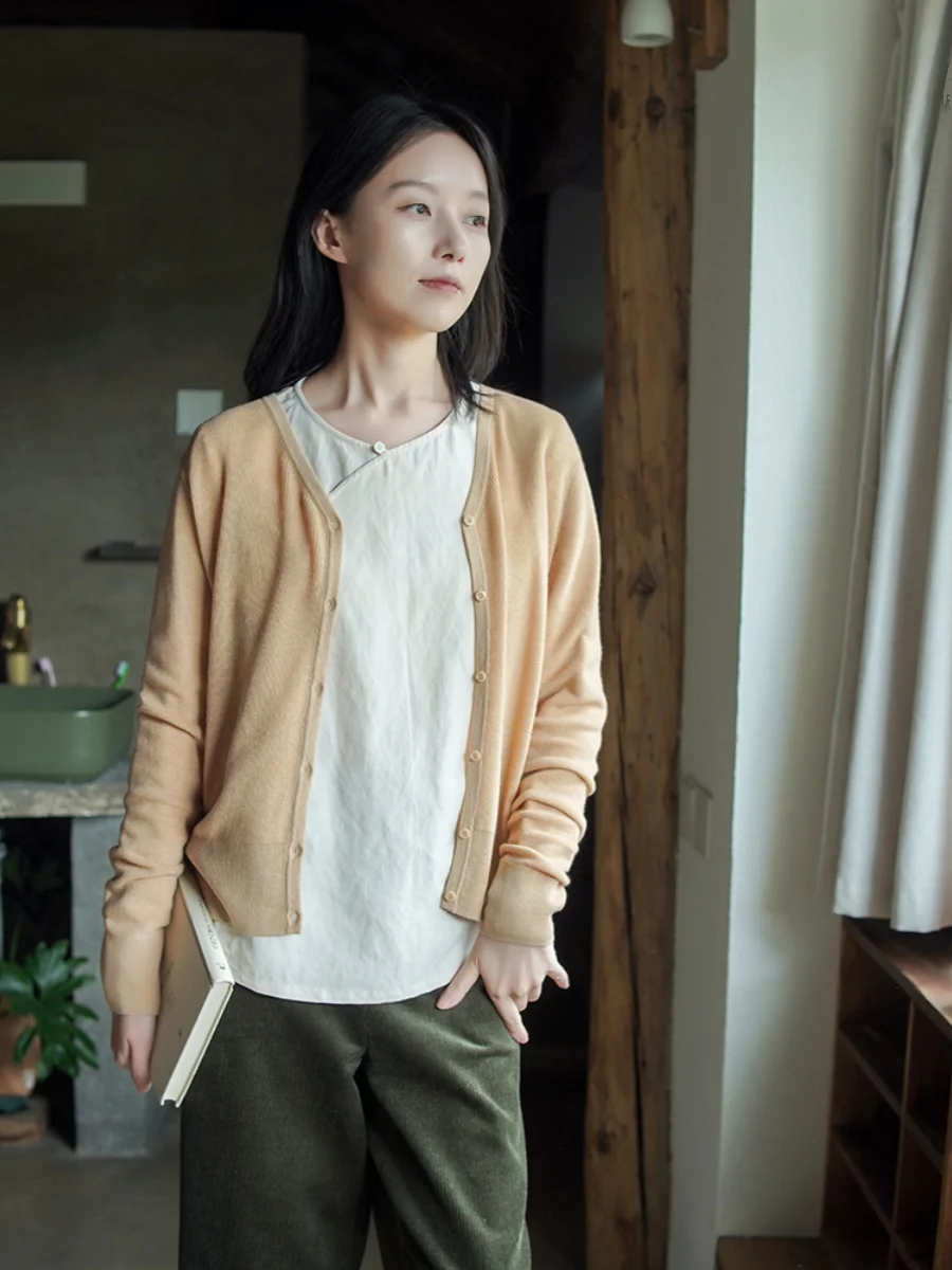 

Ele V-Ne Knitted Long Sve Open Cardigan Simple Commute Artistic Sle Polyester Fiber Pure Color Straight Cut Cardigan