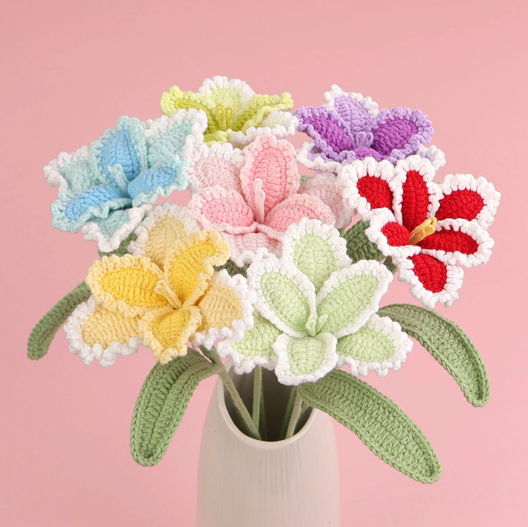 Gehäkelter Papageien-Tulpen-Blumenstrauß aus handgemachtem Garn, kreative gestrickte Kunstblume, Raumdekoration, schönes Hochzeitsgeschenk – Detail 1