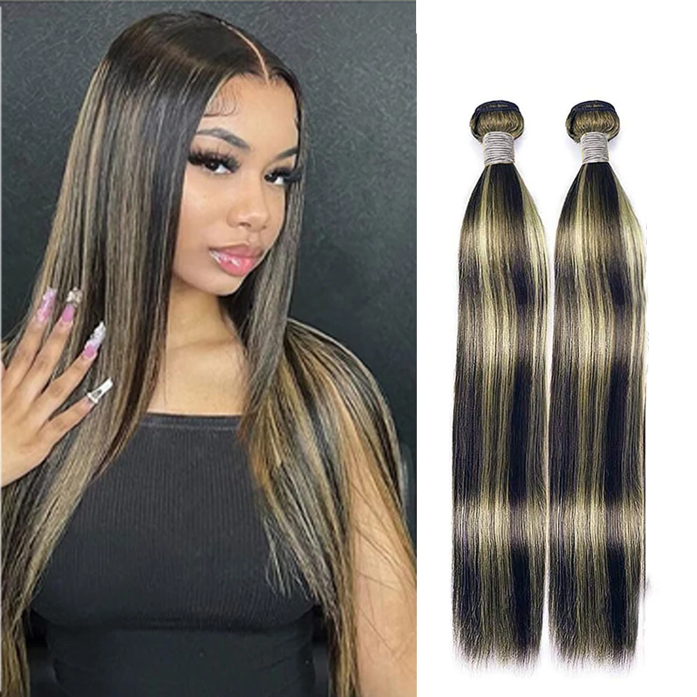 100% Remy Hair Highlight P1B/27 Human Hair Bundles Straight Hair Weave DoubLe Weft Hair Weaving Brazilian Hair Extensions 1/4Pcs