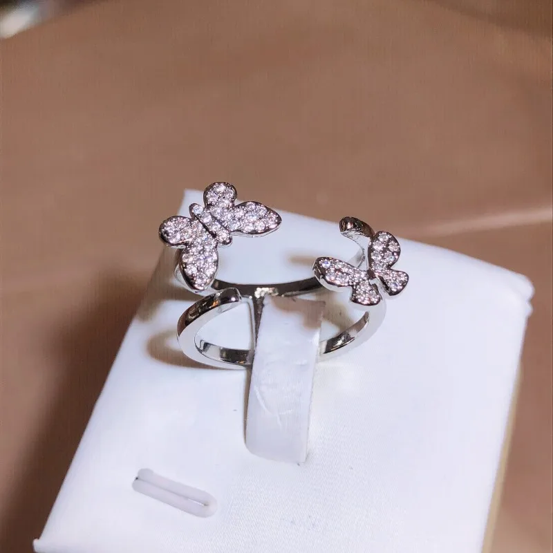 Stylish Irregular Openwork Double Butterfly Full Diamond Couple Ring For Women Bow Geometric Zircon Engagement Gift Jewelry