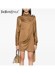 TWOTWINSTYLE Solid Patchwork Ruffles Mini Dresses For Women Stand Collar Long Sleeve Asymmetrical Slimming Fashion Dress Female