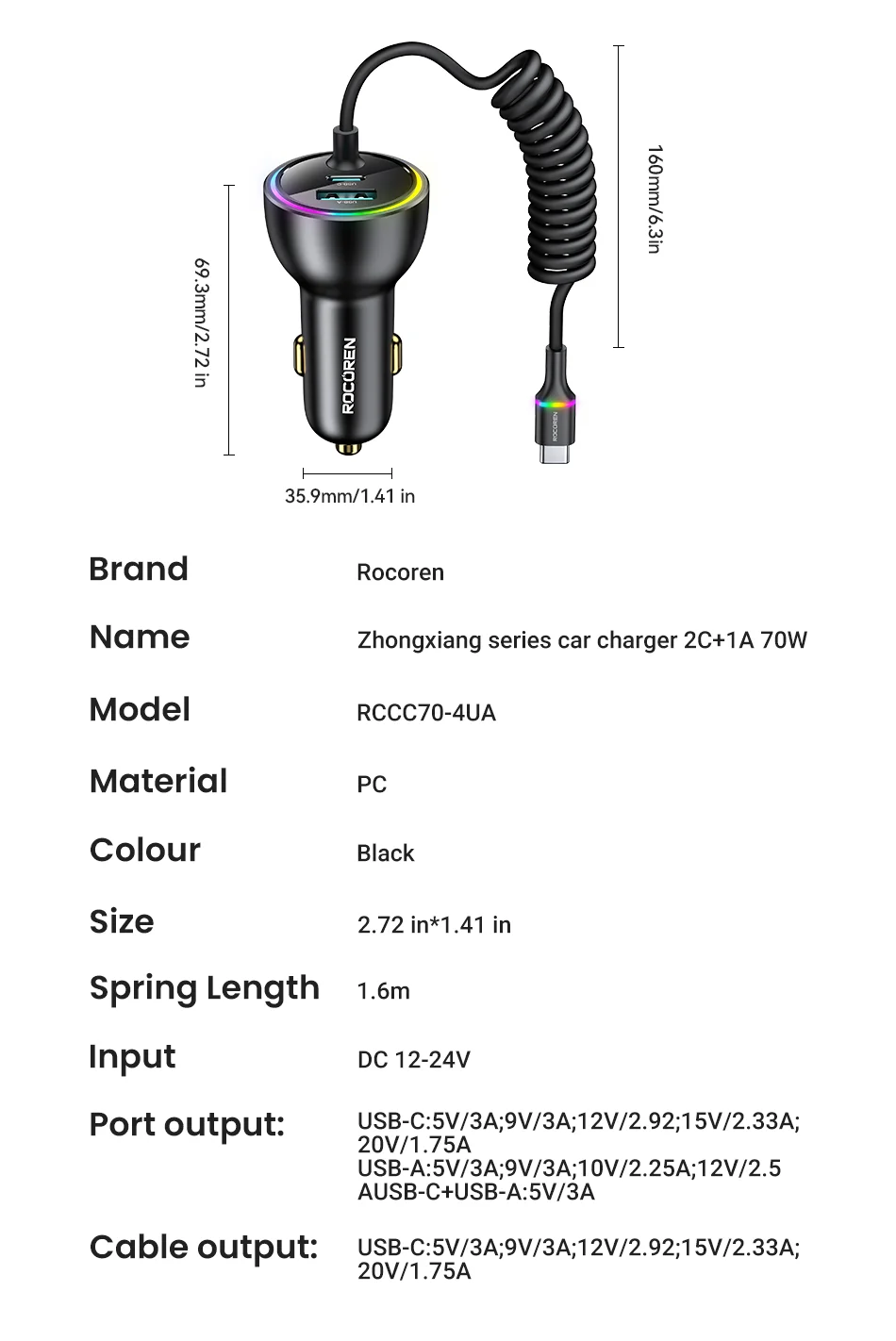 Rocoren 70 W USB Typ C Auto Ladegerät mit Federkabel Schnellladung Typ-C USBC Auto Schnellladegerät Adapter für iPhone 16 15 Xiaomi – Detail 27