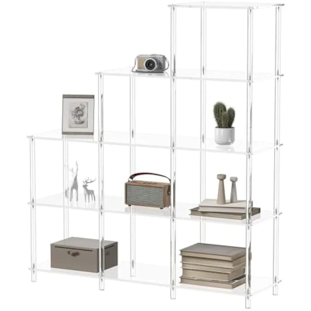 5-Tier Acrylic Stepped Bookshelf, 9 Cube Bookcase, Clear Open Book Shelf for Home Office, Living Room, Bedroom, Easy Assembly,