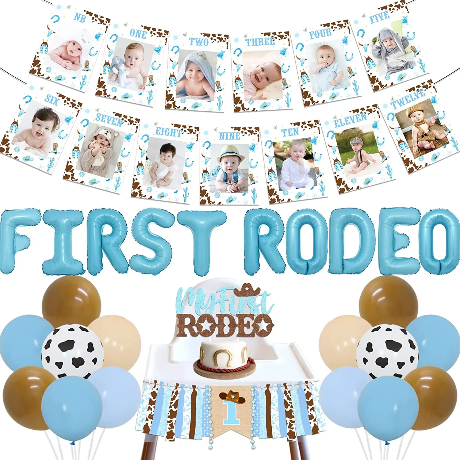 

First Rodeo 1st Birthday Party Decorations, Boys Blue High Chair, Monthly Photo Banner, Balloons, Western Cowboy Supplies