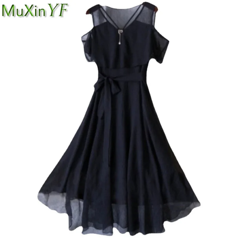 Women's Summer Chiffon Dress Korean Office Lady Graceful Casual Black Off-Shoulder Dresses 2022 New Fashion Clothing Female