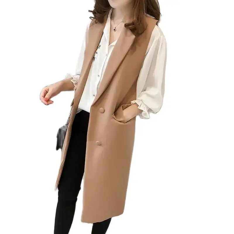 New Casual Blazer Women Vest Office Lady Long Suit Vest 2024 Spring Autumn Female Pockets Waistcoat Sleeveless Jackets Coats