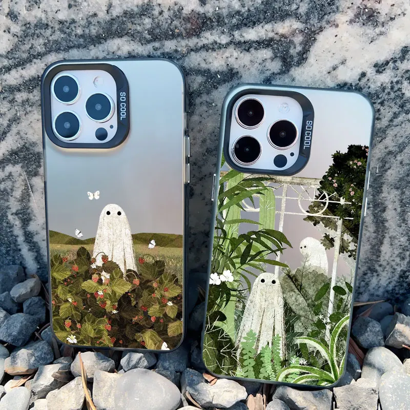 Case For iPhone 15 14 11 Pro Max Plus 13 Mini 12 Pro Max Aesthetic There is a Cute Ghost Art Shockproof Matte Laser Back Covers