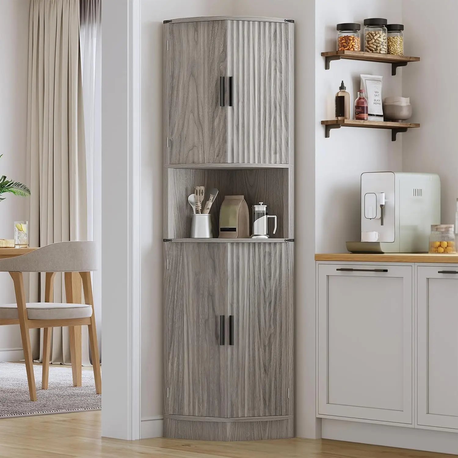 

68" Tall Corner Storage Cabinet with 4 Doors and 5 Shelves, Modern Fluted Storage Cabinet, Corner Hutch Cupboard Pantry Cabinets