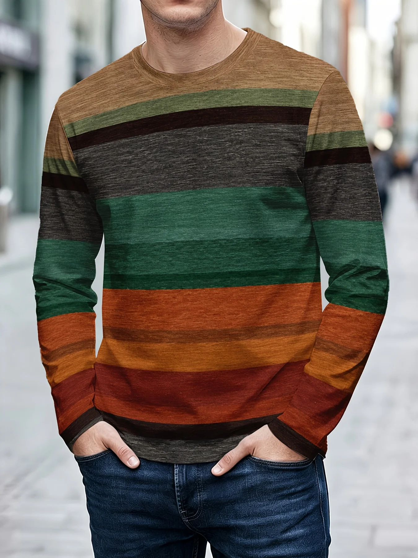 Men Autumn Winter Long Sleeve T Shirt Vintage Earth Tone Stripe Print Round Neck Street Casual Daily Wear Men's Clothing