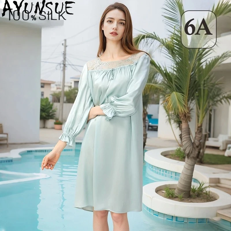 AYUNSUE 100% Mulberry Silk Pijama Feminino 16MM Silk Court Style Spring and Summer Pajamas Nighty for Ladies Пижама Женская
