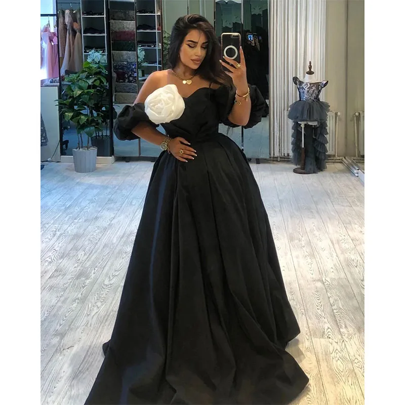 Elegant A-line Prom Dress Off The Shoulder Flower Party Dresses Black Floor-Length Evening Dress Custom Made 2024