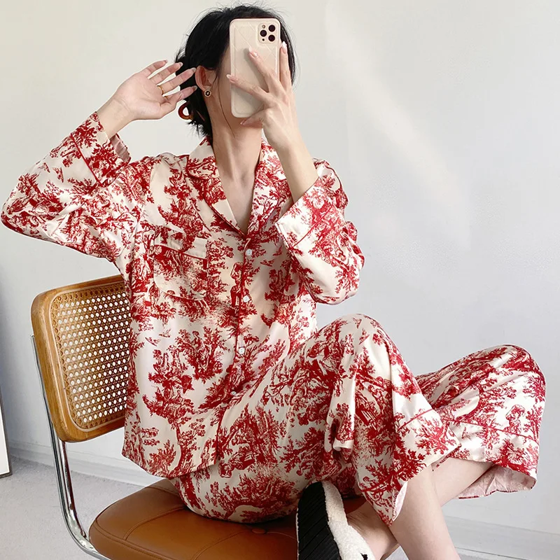 Spring Summer Female Pajamas Set Print Flower Long Sleeve Trouser Pijamas Suit Sleepwear Loose Casual Satin Home Wear Loungewear