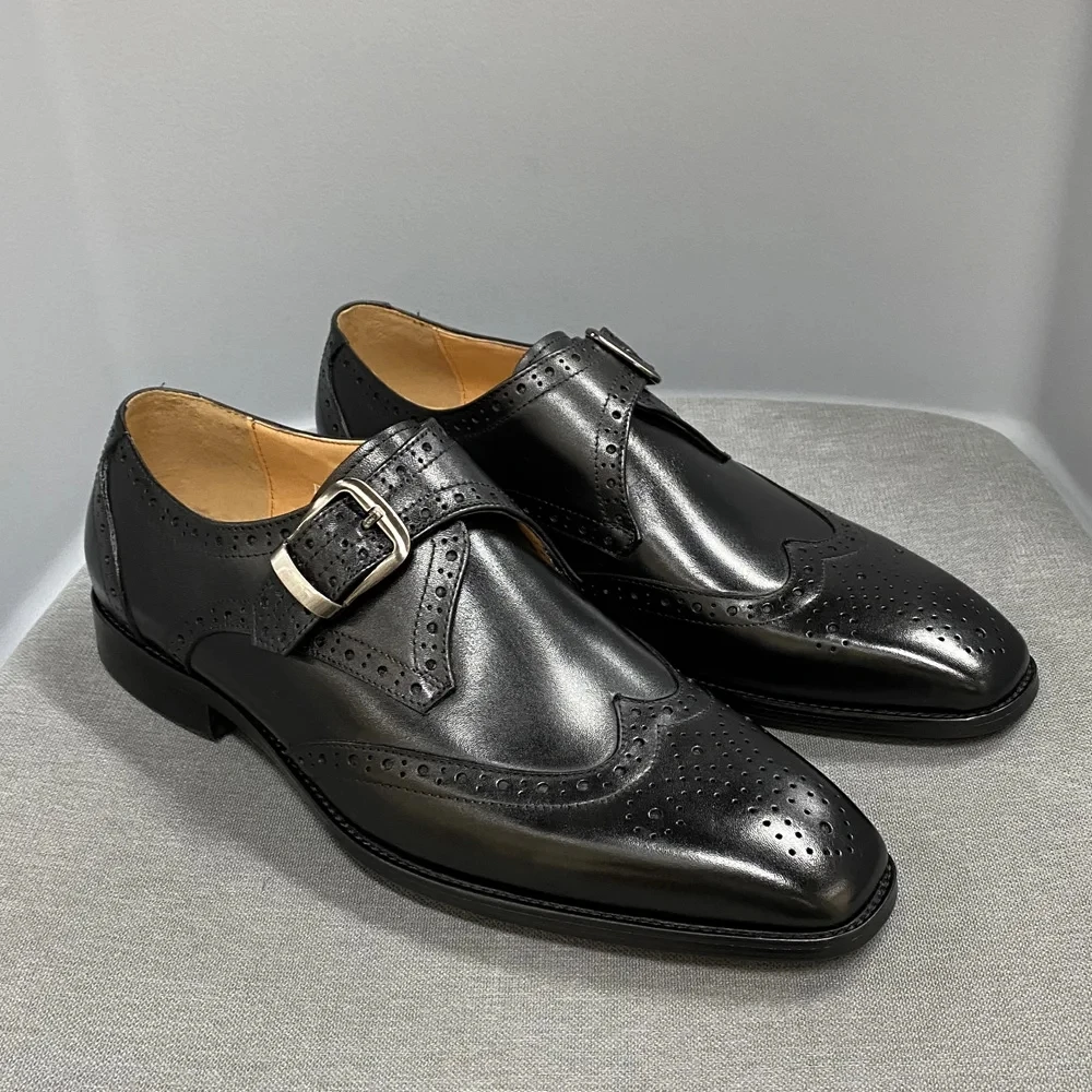 Luxuriöse Herren-Loafer aus echtem Leder mit spitzer Zehenpartie und Schnalle, rahmengenähte braune und schwarze Büro-Formalkleiderschuhe für Herren – Detail 10
