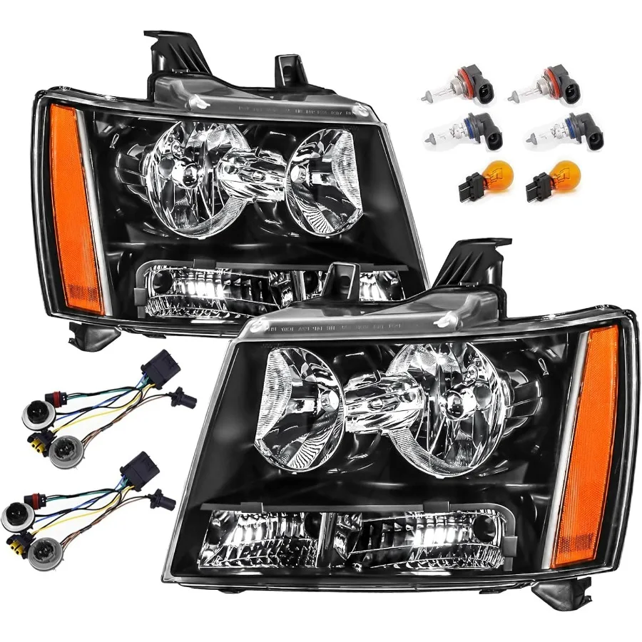 

Headlights Assembly w/Bulbs & Wiring Harness compatible with 2007-2013 Chvey Tahoe Avalanche Suburban, Black Housing Amber