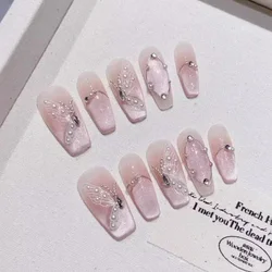 10Pcs French Ballerina Handmade Press on Nails Pink Cat Eye Fake Nails Wearable Stick-on Nails Full Cover False Nail Uñas 네일팁