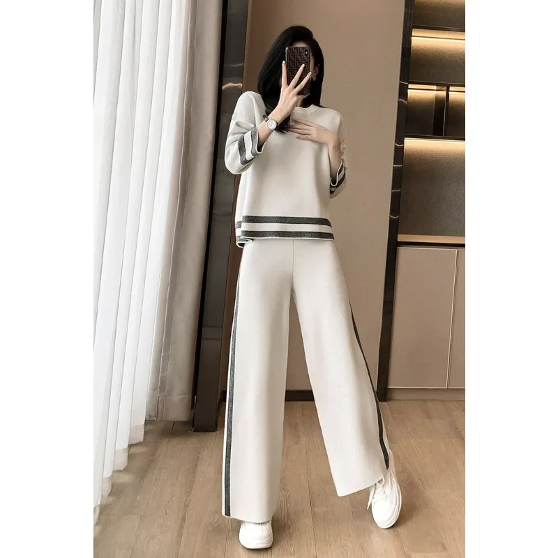 Women\'s Casual Pants Suit Sportswear Fashion Round Neck Long-sleeved Pullover Sweatshirt Loose Wide-leg Trousers 2pcs Track Suit