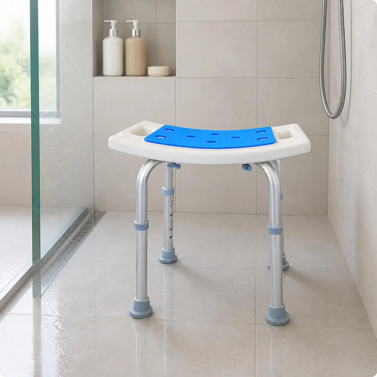 Height-Adjustable Bathroom Shower Seat Stable Aluminum Shower Stool with Non-Slip Seat for Elderly Users, Home Bathrooms