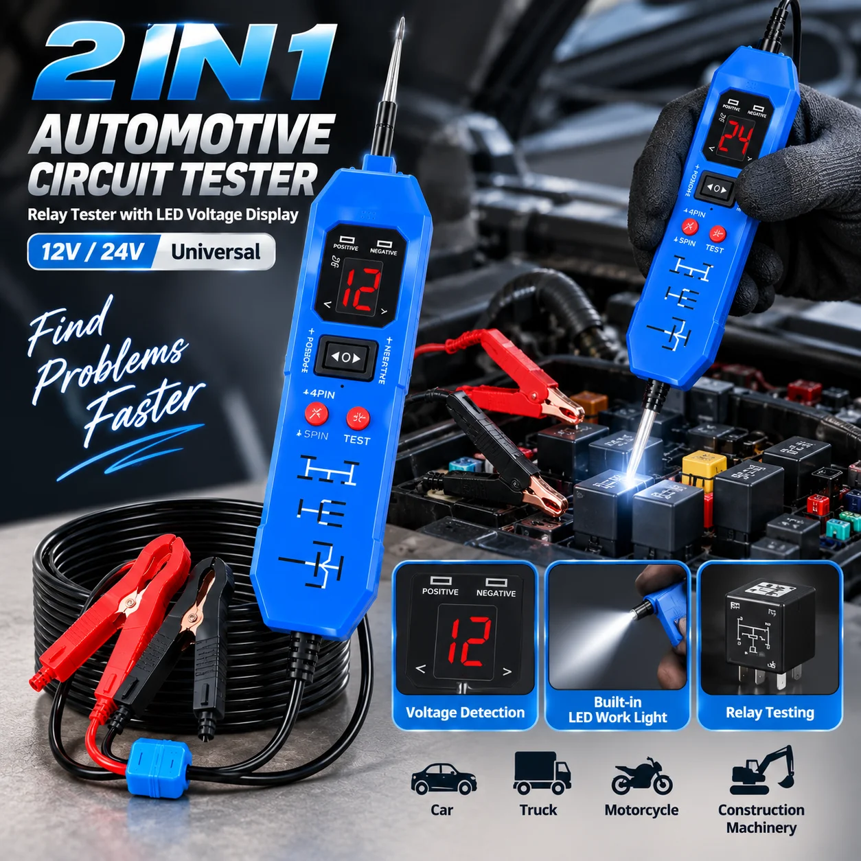 2 IN 1 Automotive Circuit Tester Relay Tester With LED Voltage Display & Work Light Vehicle Electrical Diagnostic Tool for Cars