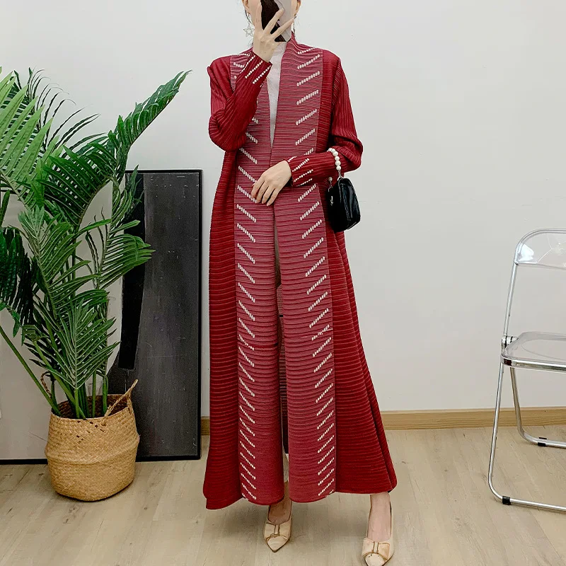 

Miyake Pleated Dress for Women, Turndown Collar, Vintage Printed, Long Sleeve, Abaya Coat, New Fashion, 2024