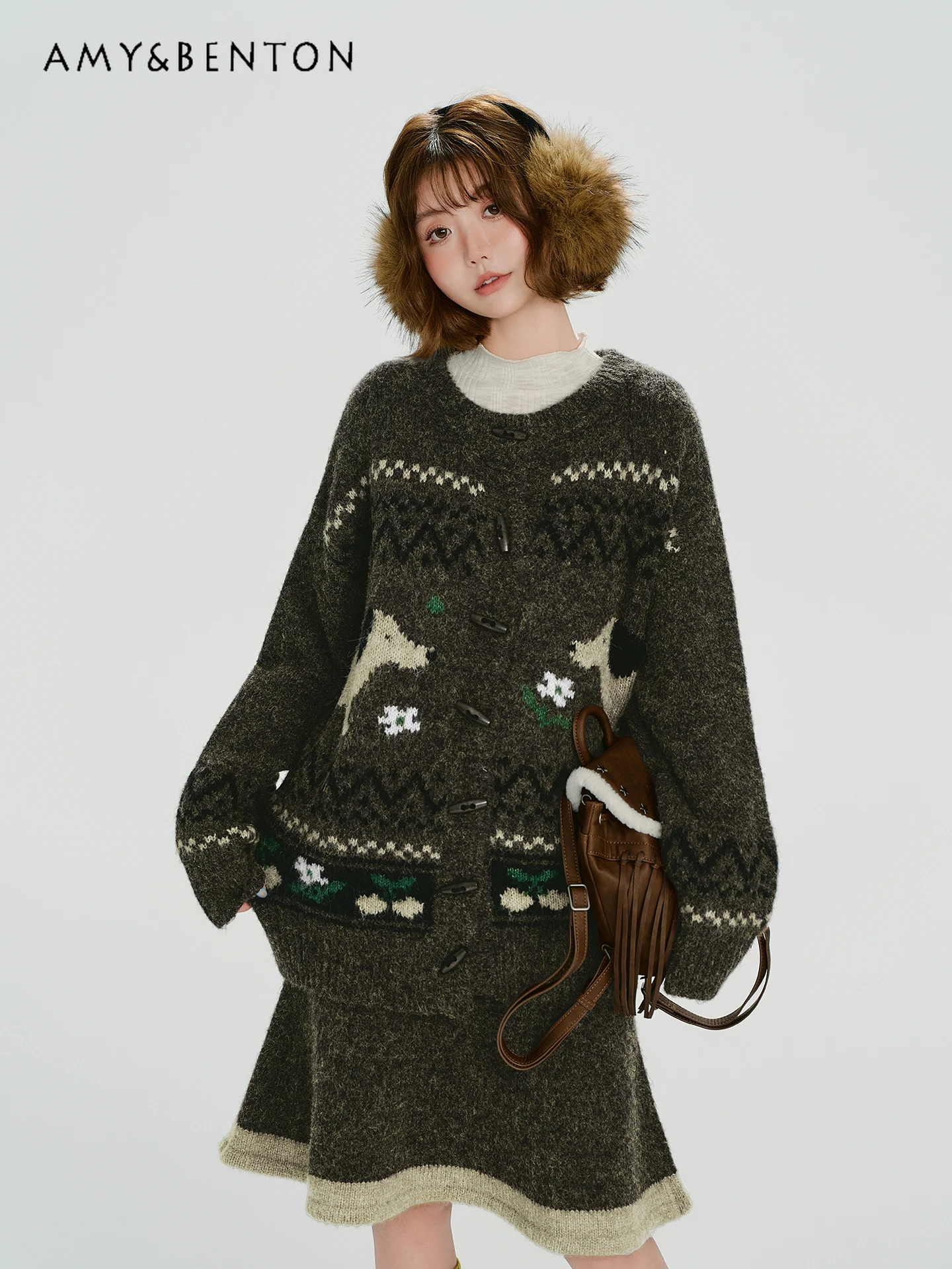 

2025 Autumn Winter New American Retro Style Women's Jacquard Knit Single-breasted Cardigan Loose Casual A-line Skirt