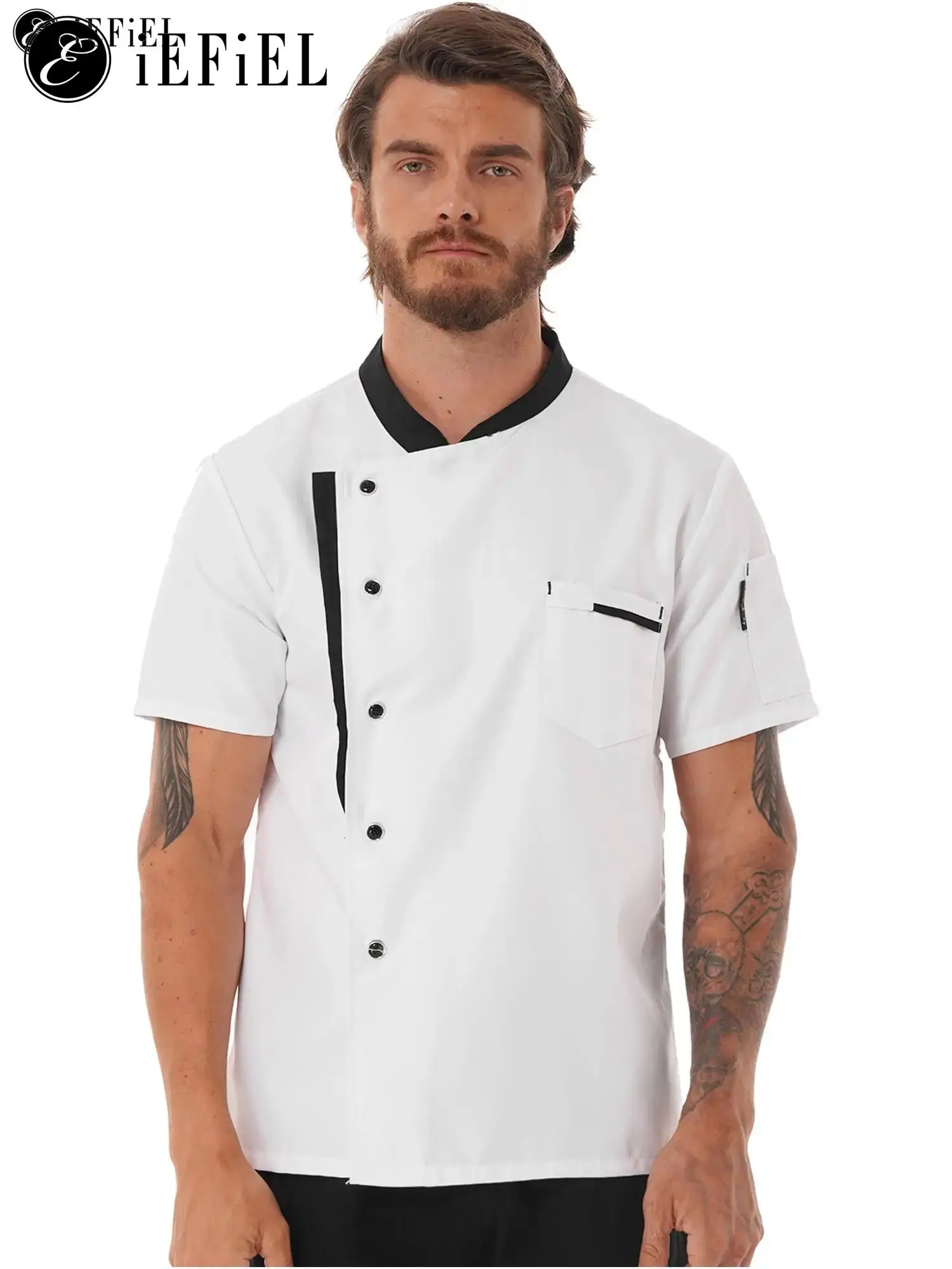 Mens Basic manica corta Chef cappotto giacca ristorante cucina cottura uniforme ristorazione professionale abbigliamento da lavoro