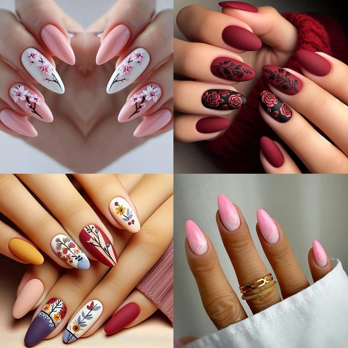 

4 упаковки/96/24 шт. Пресс для миндаля на ногтях: розовые цветы/красные матовые/черные розы/закат. Съемный с 4 файлами и 4 гелевыми подушечками.