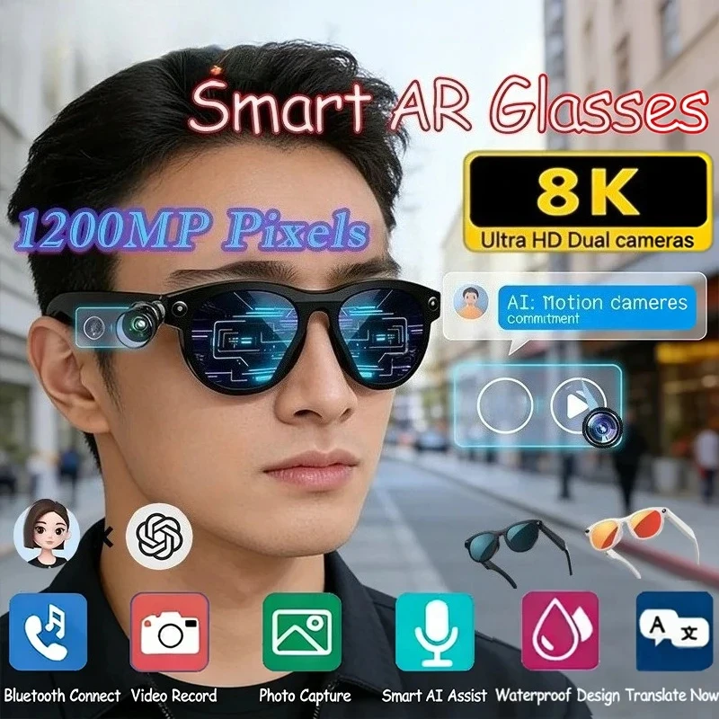 

8KHD Smart AI Glasses Color Changing 1200MP Translate Camera Bluetooth Call Voice Assistant Music Control 2026