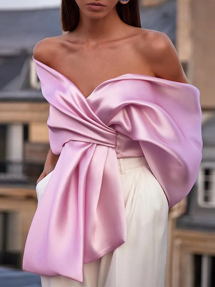 2024 Summer Women High Street Party Club Tops Sweet Satin Bow Pleated Tops Female Sexy Off Shoulder Backless Cropped Pink Vest