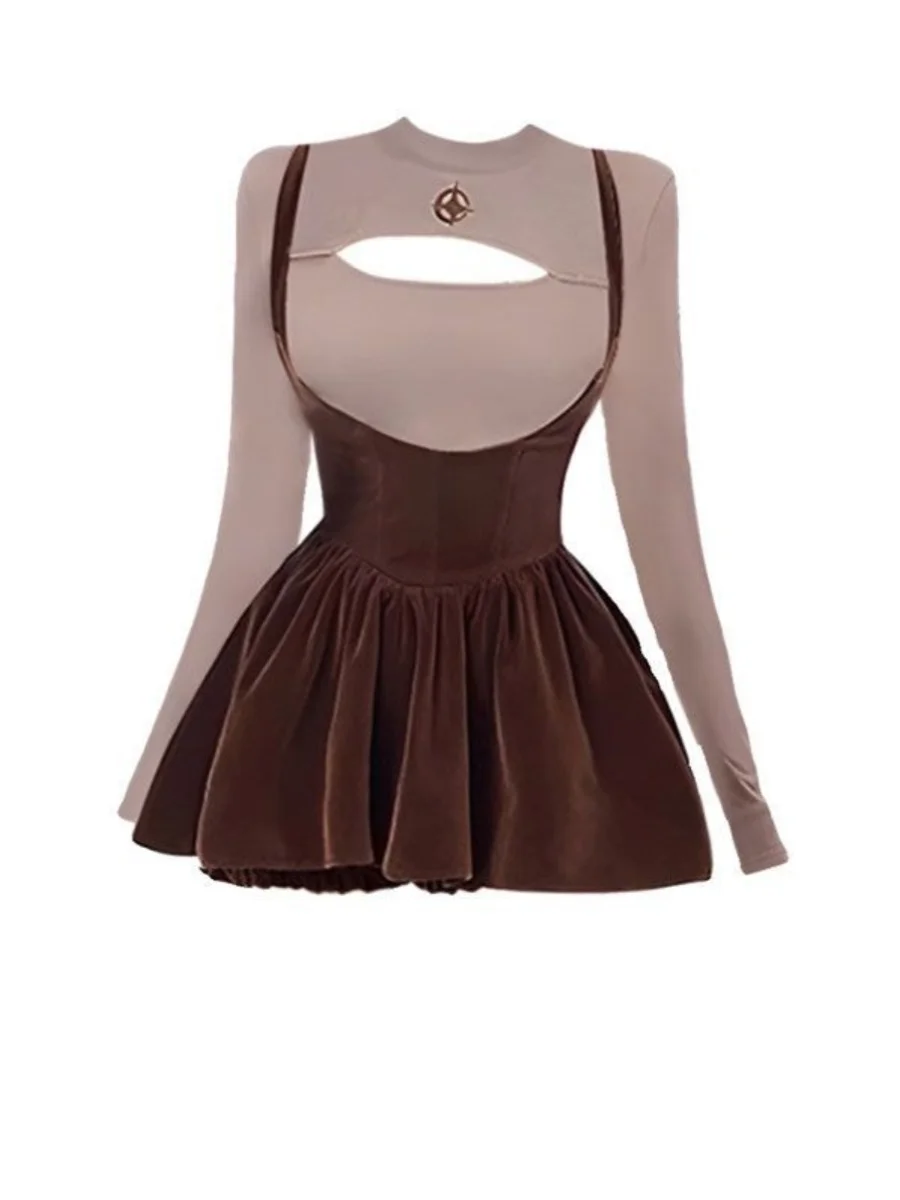

Sweet And Spicy Girl Outfit Women's Hollow out Slimming Base Shirt Spring Autumn Waist Cinching Skinny Strap Dress Two Piece Set