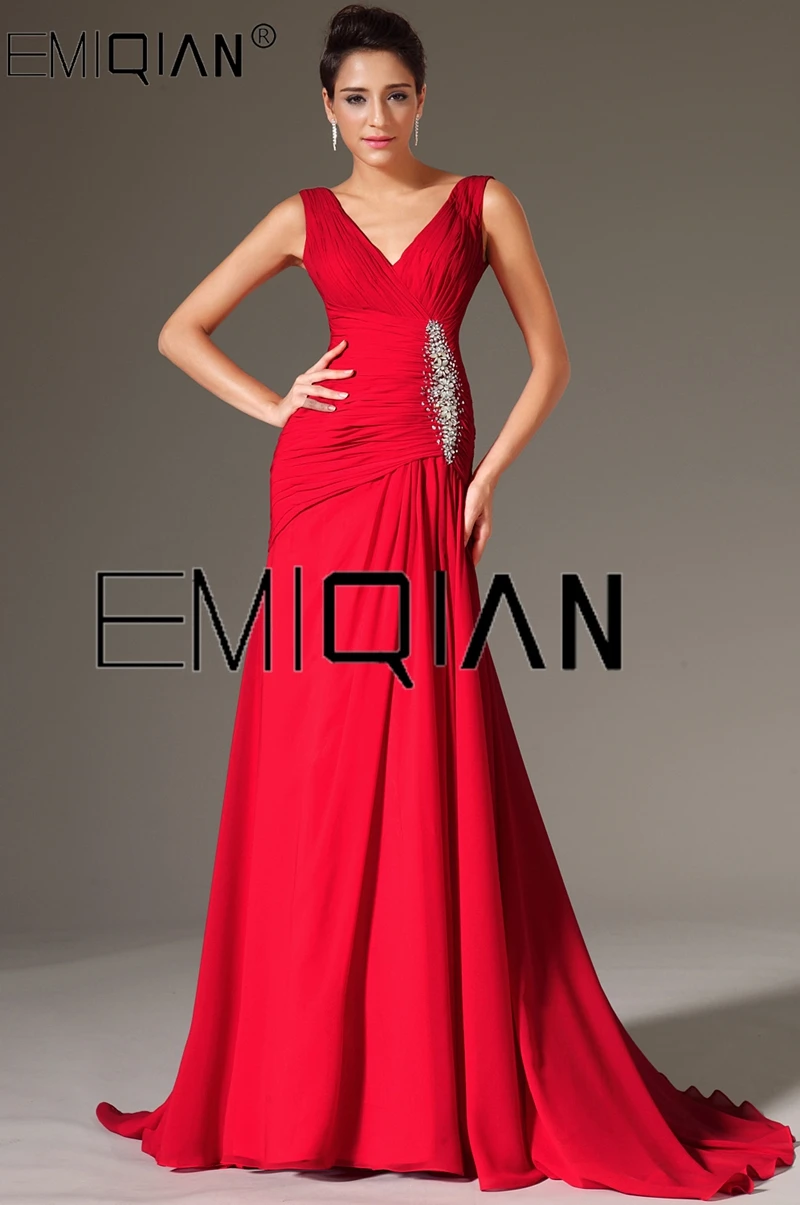 

V Neck Red Mermaid Evening Dresses Long Beaded Chiffon Formal Evenng Gown Robe De Soiree