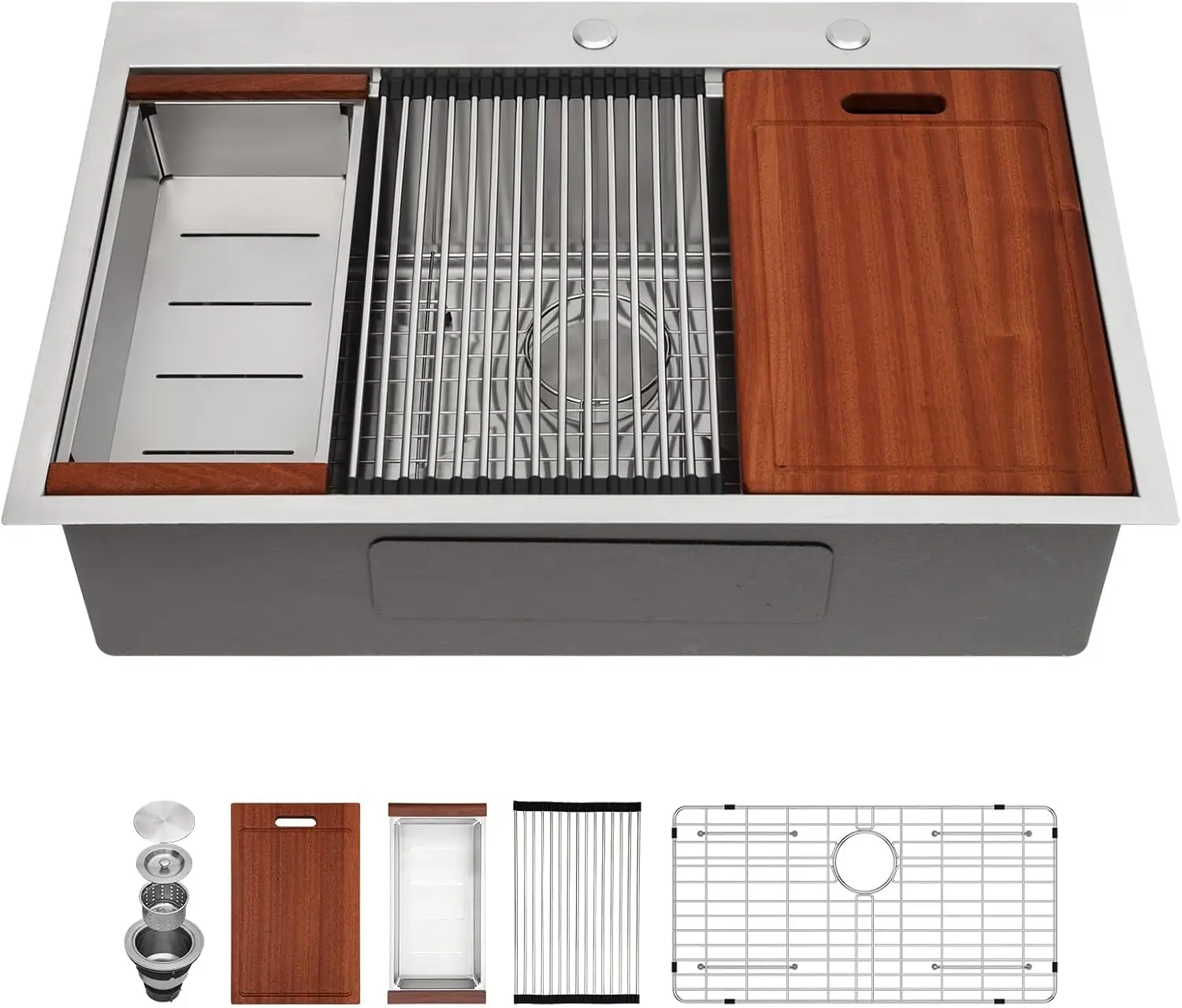 33"×22" Brushed 16 Gauge Stainless Steel Drop In Top Mount Workstation Kitchen Sink, Round Corner Deep Single Bowl Over Counter Handmade Washing Basin For Household Kitchen Renovation