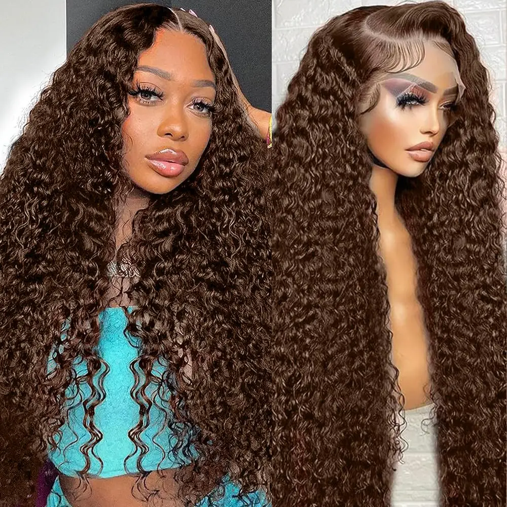 

Chocolate Brown Deep Wave Preplucked 13x6 HD Lace Front Wig Human Hair Curly Wigs 40 30 Inch Reddish Brown Colored Wig #4