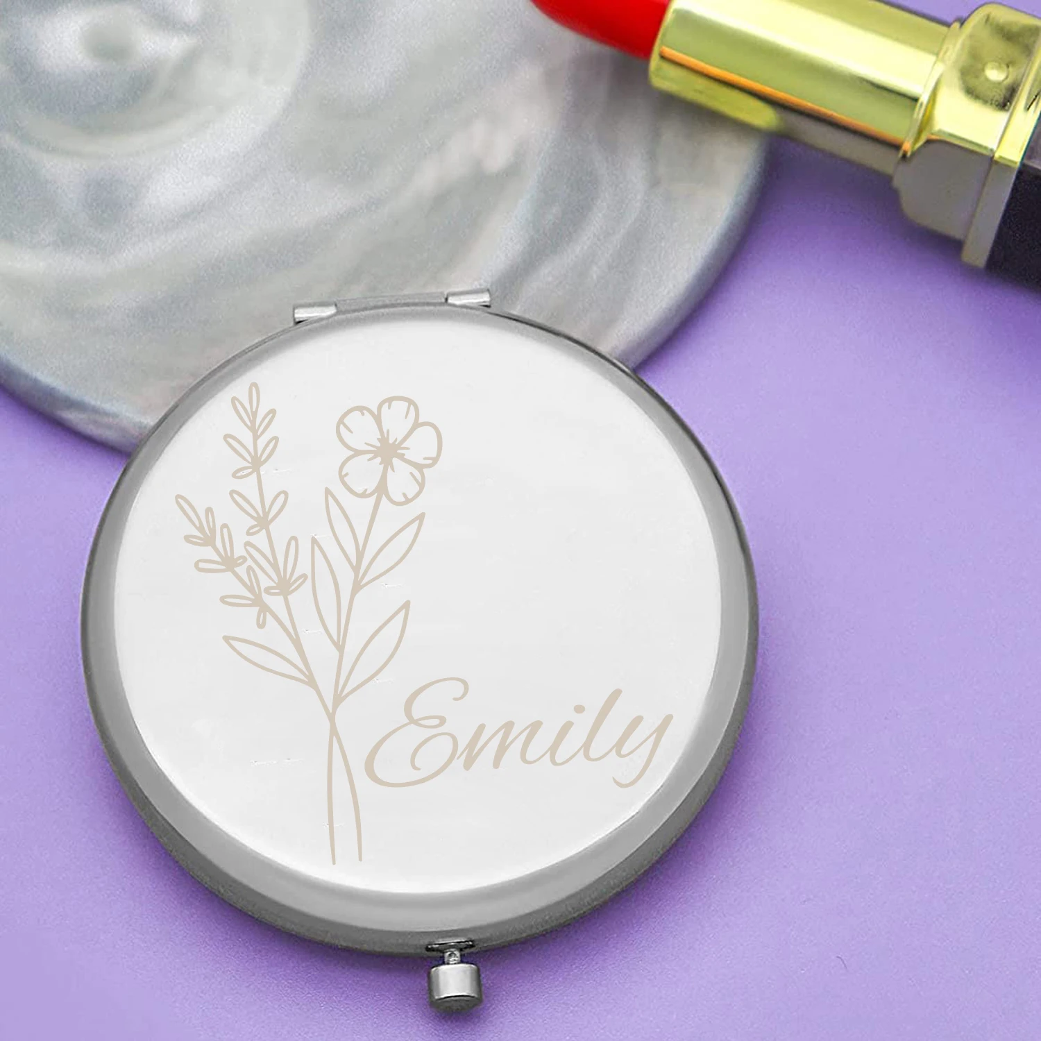 Gravierter Lavendel-Blumen-Kosmetikspiegel, personalisierter Name, tragbarer Klappspiegel, ein durchdachtes Geschenk für Mama und Freunde.