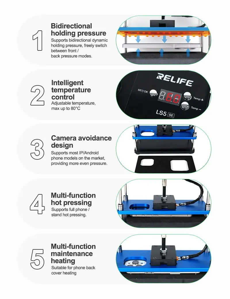 RELIFE LS5 SE التدفئة عقد منصة الضغط مجموعة أدوات الضغط للهاتف المحمول شاشة LCD التصفيح الغطاء الخلفي طقم تصليح