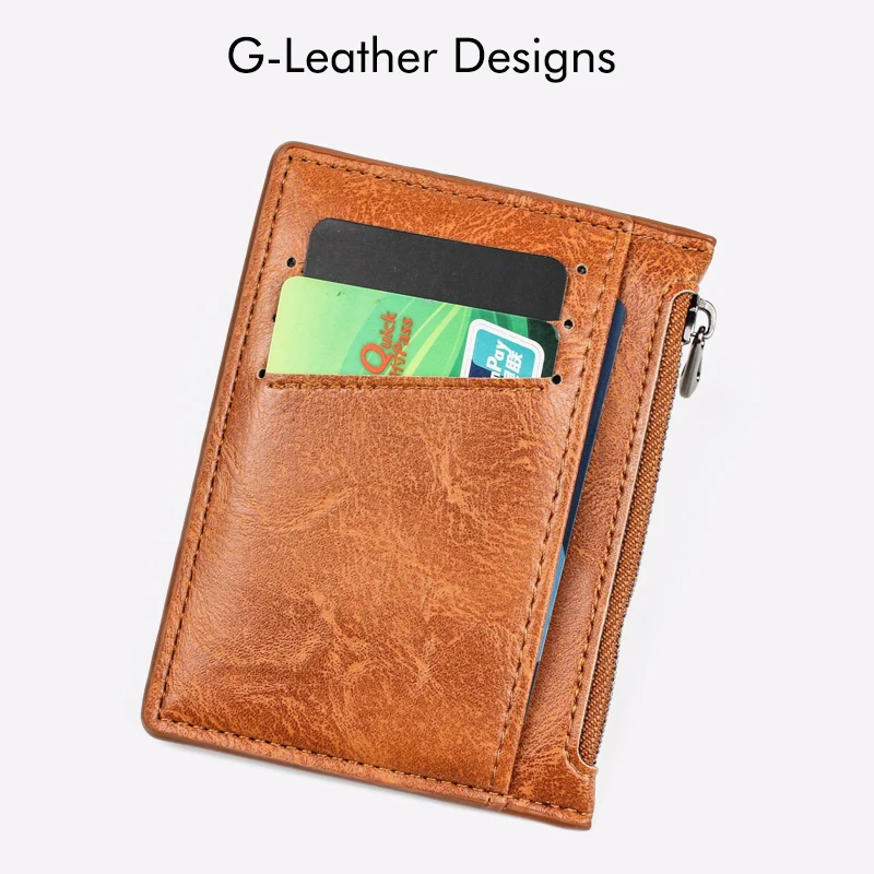 Slim Zipper Credit Card Holders Vintage Leather for Men Mini Short Wallet Small Coin Purse Personalized