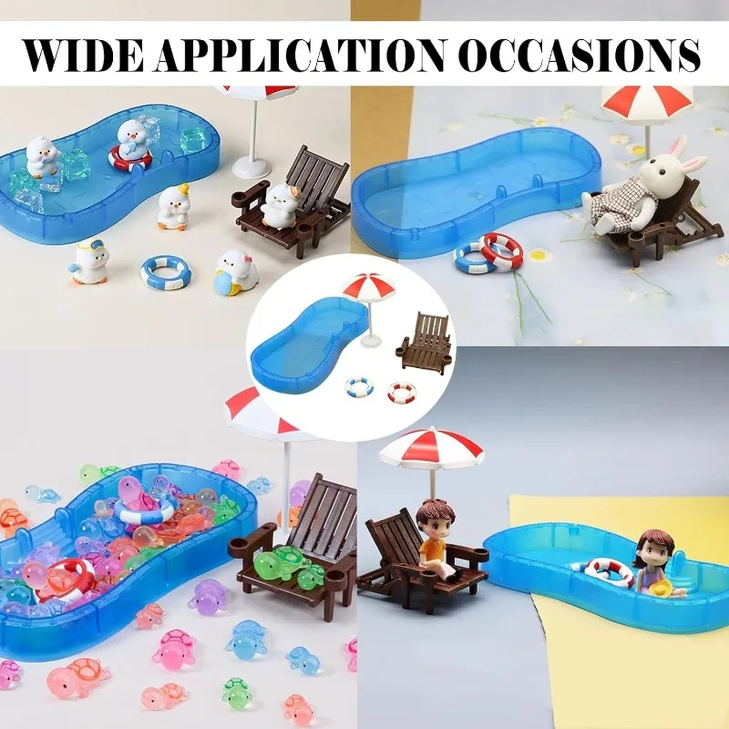 Conjunto de decoração de casa de bonecas em miniatura de praia com cadeira guarda-chuva anel de natação conjunto de piscina para casa de boneca acessórios de brinquedo