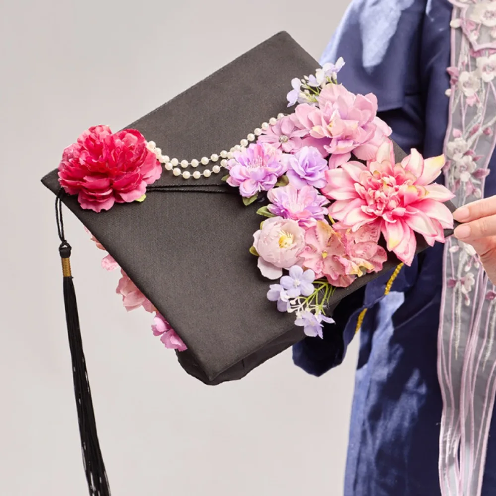 

Trencher Cap DIY Flowers Graduation Cap Mortar Board Bachelor Kids Academic Hat with Tassels Adjustable Fringe