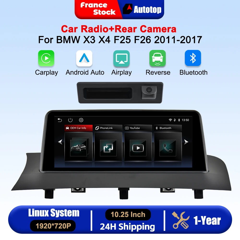 10.25 Inch Wireless CarPlay Android Auto Touch Screen For BMW X3 X4 F25 F26 CIC NBT System 2011-2017 Car Intelligent Systems Smart Multimedia Car Radio With Rear Camera Bluetooth GPS Navigation Autolink Navi Mirror Link AirPlay