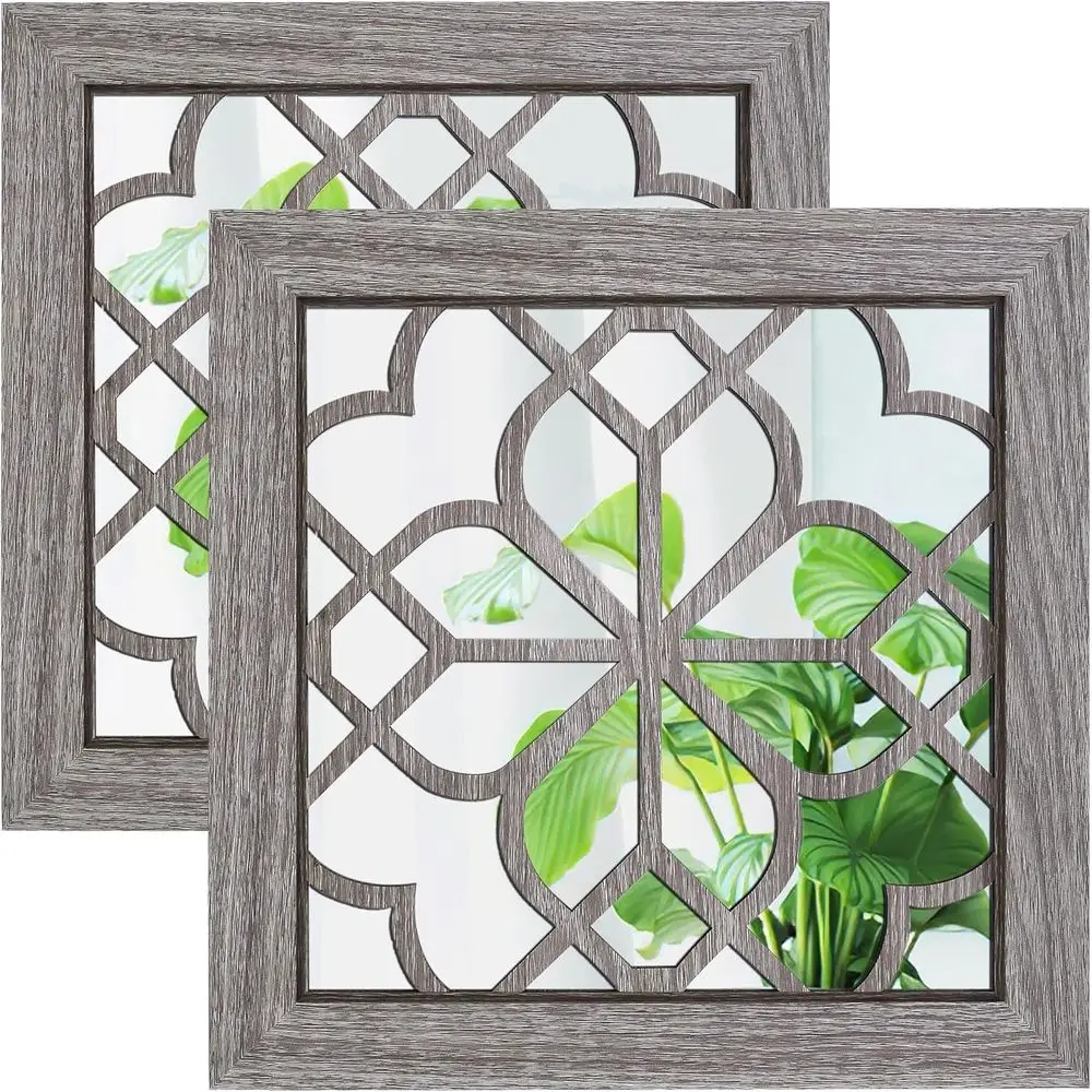 Rustic Set of 2 Square Acrylic Wall Mirrors, 12x12 Inch, Vintage Style, Suitable for Living Room and Bedroom, Brown