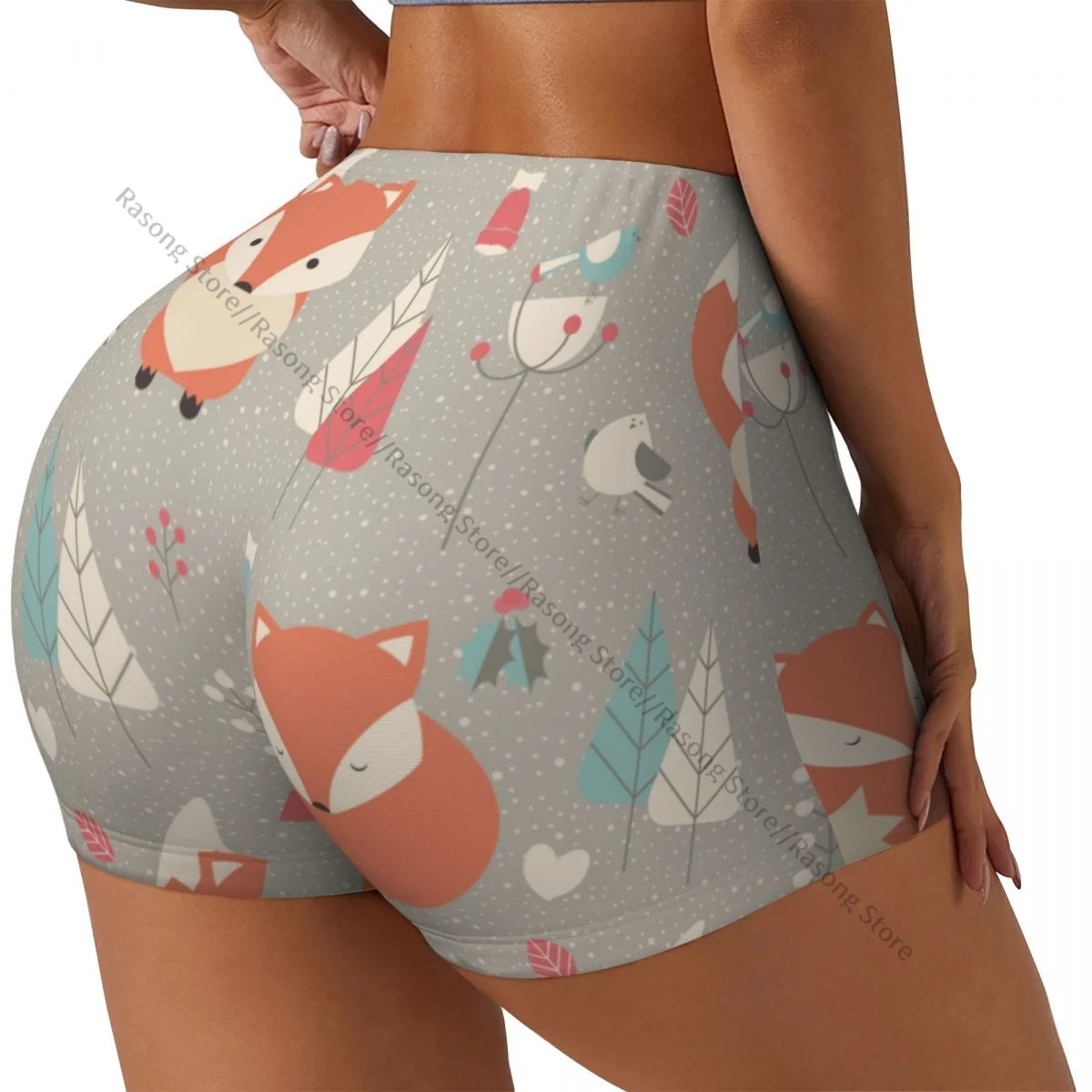 Spandex Yoga Shorts for Women Fox Pattern Workout Booty Shorts